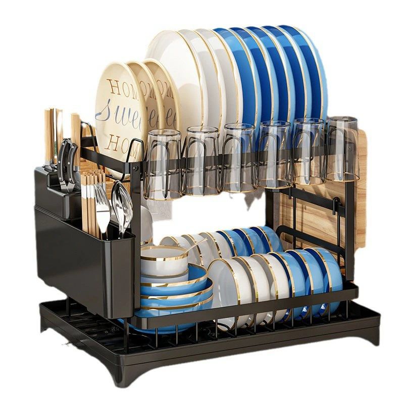 Rakuten - 水切りラック 食器置き 食器乾燥ラック シンク上 水切りカゴ ラック 皿立て ミズキリ キッチン 台所 包丁スタンド 箸立て まな板立て ステンレス製 自動排水 ボウル収納スタンド キッチンラック 組立簡単 2段 42X29X29cm