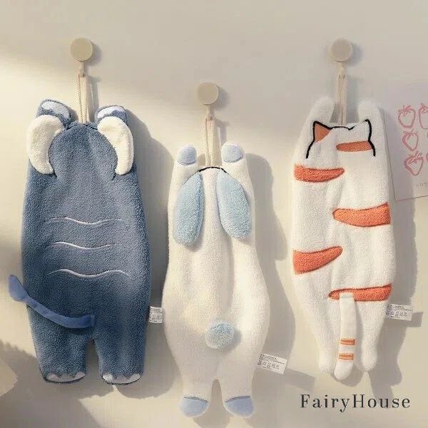 | 浴室とキッチンの装飾に最適 超吸収＆速乾 モダンなスタイル、洗濯機で洗える コーラルフリース - ゾウ・ネコ・ウサギの可愛いイラストでキッチンがもっと楽しくなる- ハンギングタオル