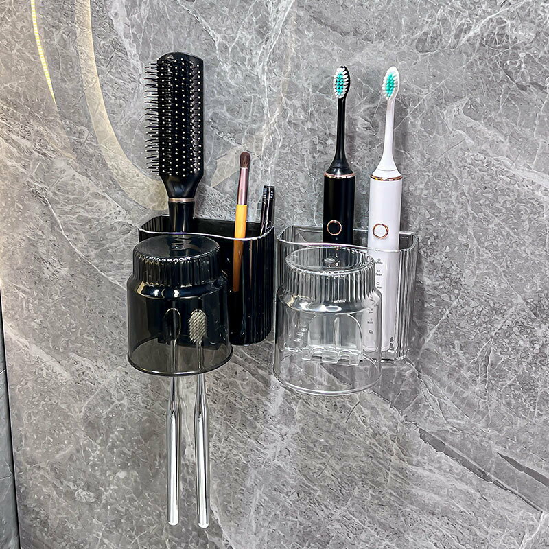 ストライプ柄の歯ブラシ棚です、パンチフリー装着うがいホルダーです、壁掛け歯ぐき整理、歯磨き粉カッ..