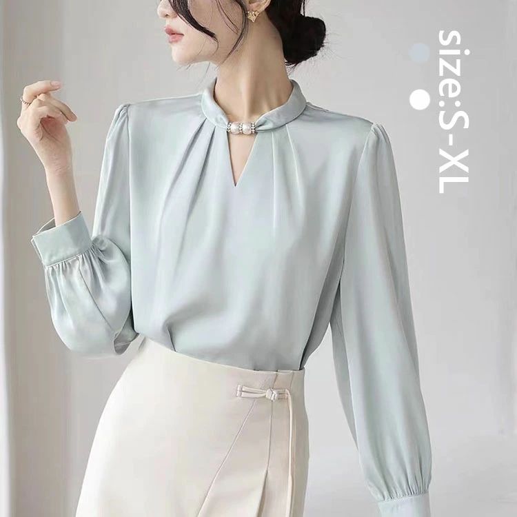 Rakuten - レディース 春夏 オシャレ 高品質 長袖ブラウス シフォンブラウス オフィス 40代 30代 50代 エレガント 韓国風 釘玉 ブラウス 大人 通勤 OL ブラウス シャツ 着痩せ ブラウス ゆったり カジュアル ウエア トップス 2色