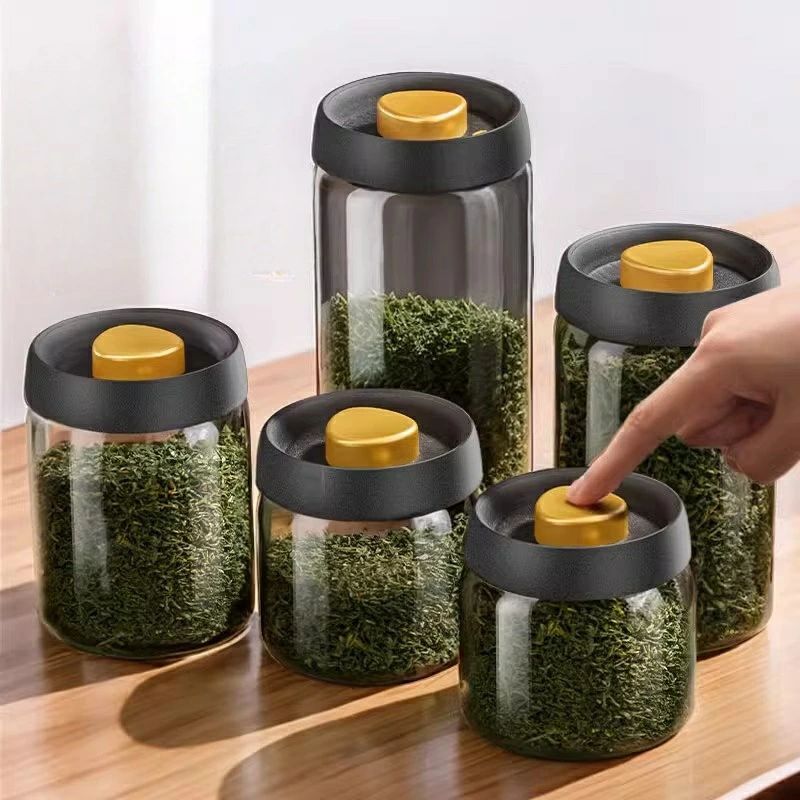 真空ガラス製ティーキャディー、大容量食品グレードの密閉式ティーキャディー、真空保存コーヒー豆キャディー、ワンタッチ真空ガラス製保存キャディー、防湿密閉式ティーキャディー、高ホウケイ酸ガラス製真空キャディー、厚手ガラス製コーヒー保存キャディー