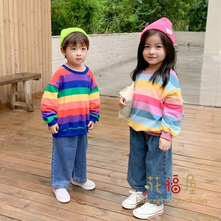 Rakuten - ネイビー トレーナー 女の子 男の子キッズ 子供服 運動会/普段着/ルームウエア/着心地良い綿生地 秋物 こども服 子ども服 キッズ服 カジュアル トップス 可愛い虹色