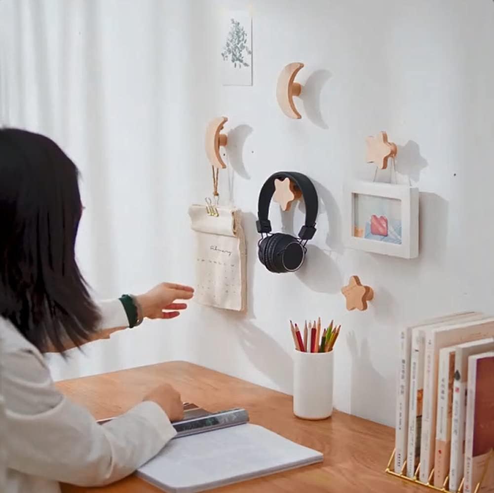 キッチン用 お風呂 星と月 オフィス用 壁 フック粘着 洋服 玄関ドア 可愛い 壁掛けフック ねじ止め アンティーク 浴室 有孔ボード 木製 6個セット (星×5個&月×1個) 鞄 帽子 壁掛け用