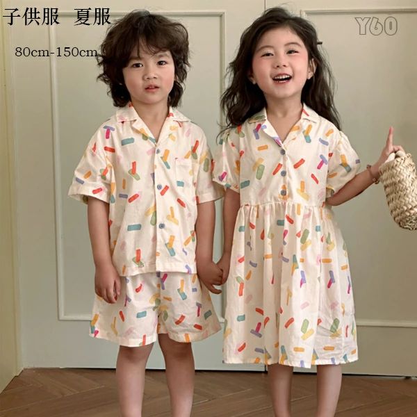 Rakuten - ストラップワンピース お出かけ ワンピース キッズ服 子供服 半袖シャツ+ショーツ 110 姉妹 プリント プレゼント パンツセットアップ 90 女の子 通園 かわいい 150 100 140 120 双子 80 可愛い レジャー 130 夏服 セットアップ 通学 男の子 兄弟 夏着