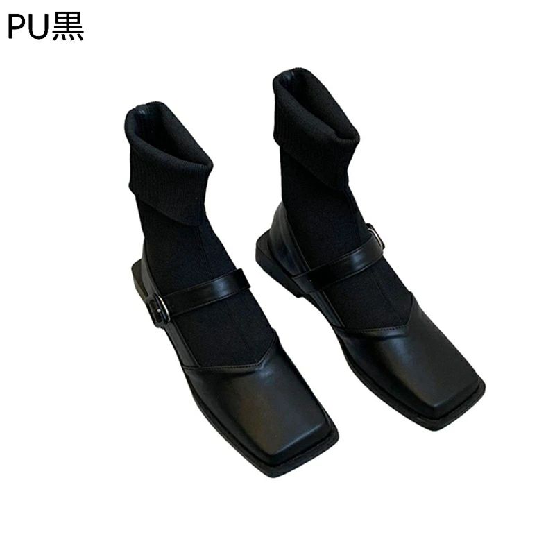 オフィス ブラック 履きやすい 弾力性 女性 レディース エナメル 秋冬靴 メリージェーン風 ブーティ ストレッチ 通勤 ローヒール 黒 ショートブーツ ソックスブーツ スクエアトゥ 着痩せ 美脚