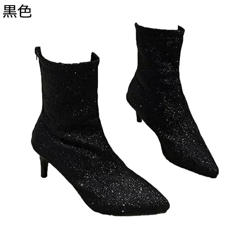 ラインストーン ショートブーツ黒 秋冬靴 オフィス ピンヒール ジッパー アンクル丈 大きいサイズ 快適 ブーティ 無地 エレガント ハイ..
