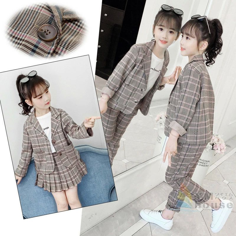 Rakuten - フォーマル 入学式 キッズ パンツ 子供服 女の子 おしゃれ 長袖 2点セット チェック柄 セットアップ 春秋 スカート 子供スーツ