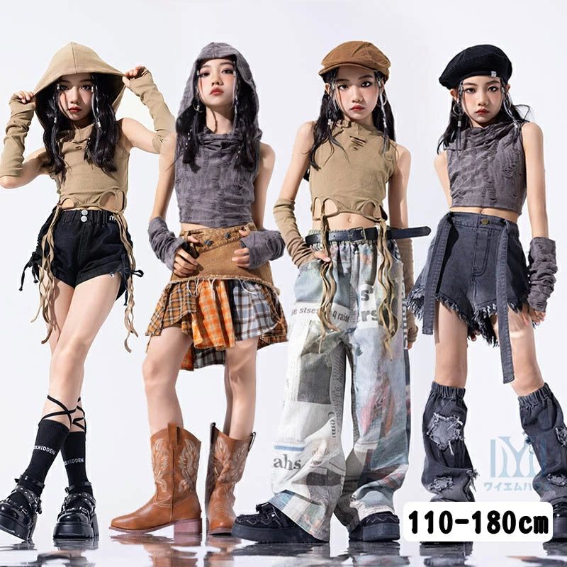 Rakuten - ダンス衣装 セットアップ チアガ チェック柄スカート ダンスパンツ k-pop衣装 ノースリーブ キッズ ヒップホップ 袖なしトップス