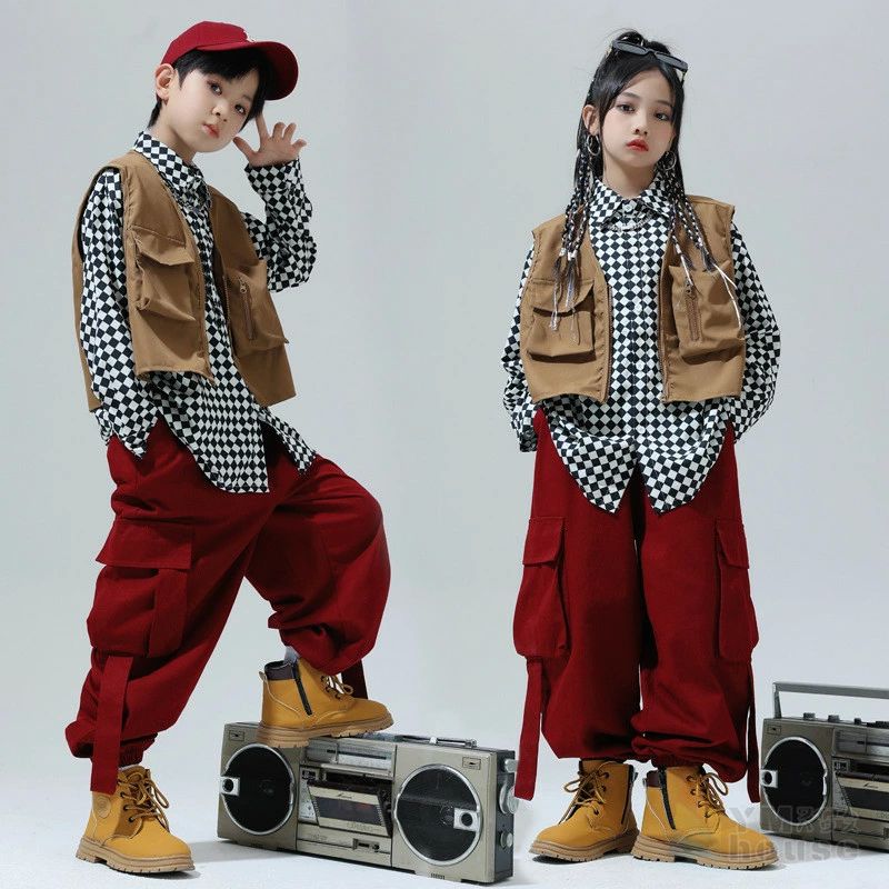 乐天商城 - ベスト セットアップ ファション 女 子供 ヒップホップ 韓国 k-pop キッズダンス衣装 こども服 カーゴパンツ hiphop 長袖シャツ