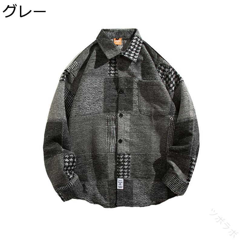 男性用 シャツジャケット 上着 トップス 大きいサイズ 折り襟 格子柄 春夏秋冬 長袖 127文字 メンズ パッチワーク 日常 やわらか素材 コンビデザイン ファッション 切り替え チェックシャツ オシャレ着 普段用