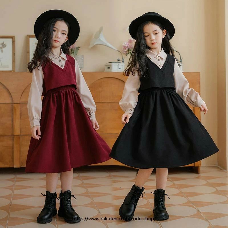 Rakuten - ★超可愛い 長袖ワンピース 女の子 キッズ コーデュロイ 秋冬 入学式 ジャンパースカート オーバーオール ドレス 子ども服 可愛い ミモレ丈ワンピース 通学 卒業式 ゆったり カジュアル ベスト風 裏起毛 森ガール ブラックワイン赤 120 130 140 150 160 165