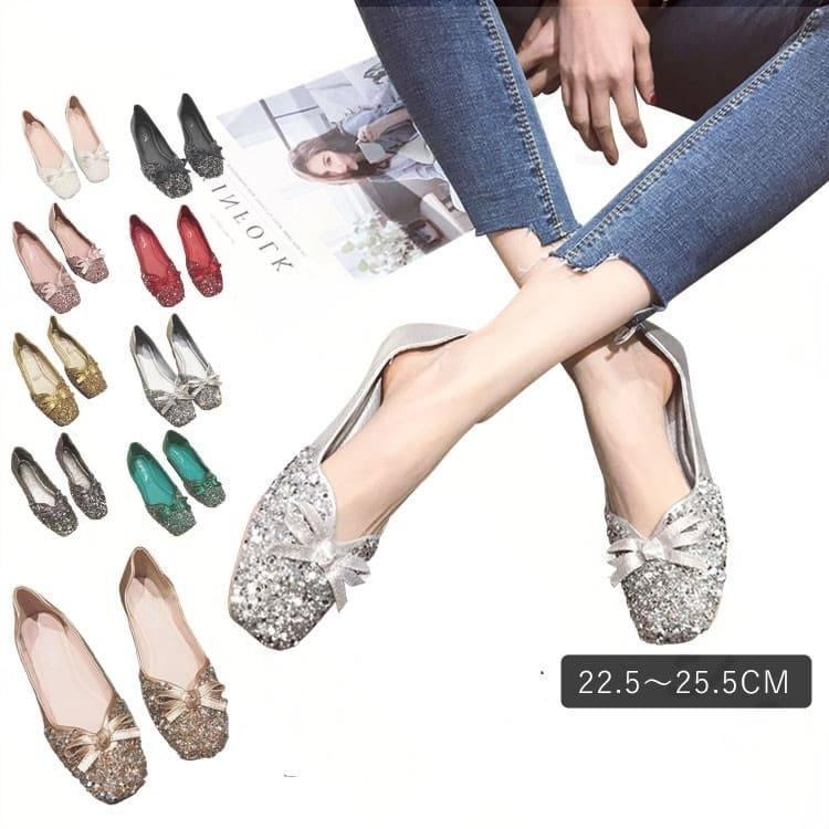 全12色!パンプス 痛くない Vカット オフィス ローヒール ぺたんこ キラキラ バレエシューズ フラットパンプス スクエアトゥ 走れる ぺたんこ カラバリ フラットシューズ 通勤 通学 柔らか リボン