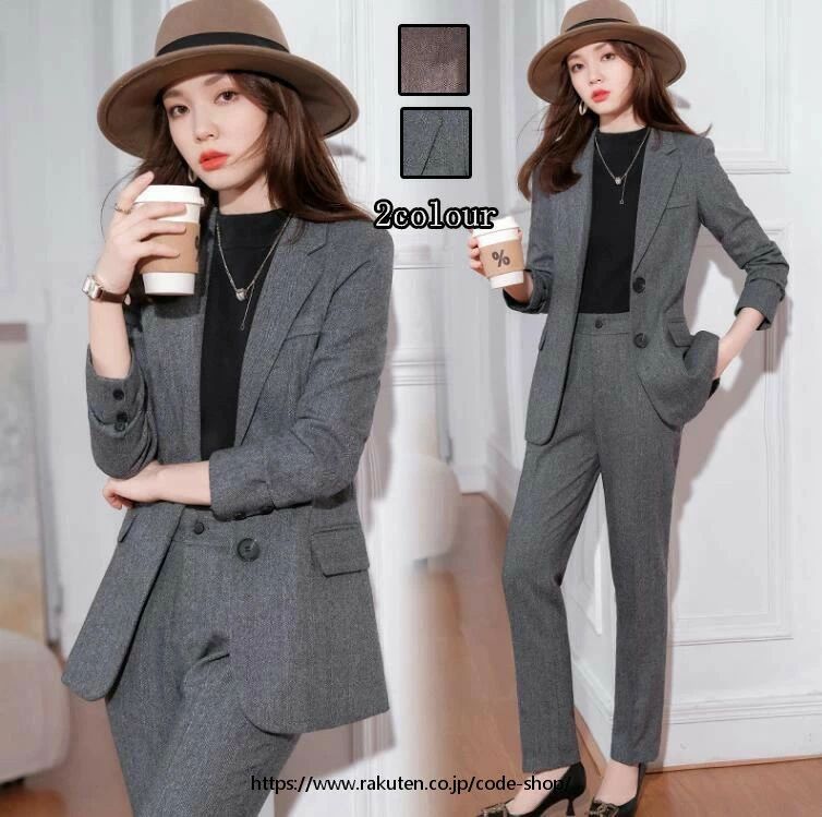 洗えるスーツ 着痩せ レディース フォーマル セットアップ 通勤 OL コート ロングコート ジャケット+パンツ 2点セット ママ 入学式 卒業式 カジュアル パンツスーツ 結婚式 オフィス セレモニースーツ 秋冬 グレー/コーヒー 30代20代40代 二つボダンスーツ S~4XL