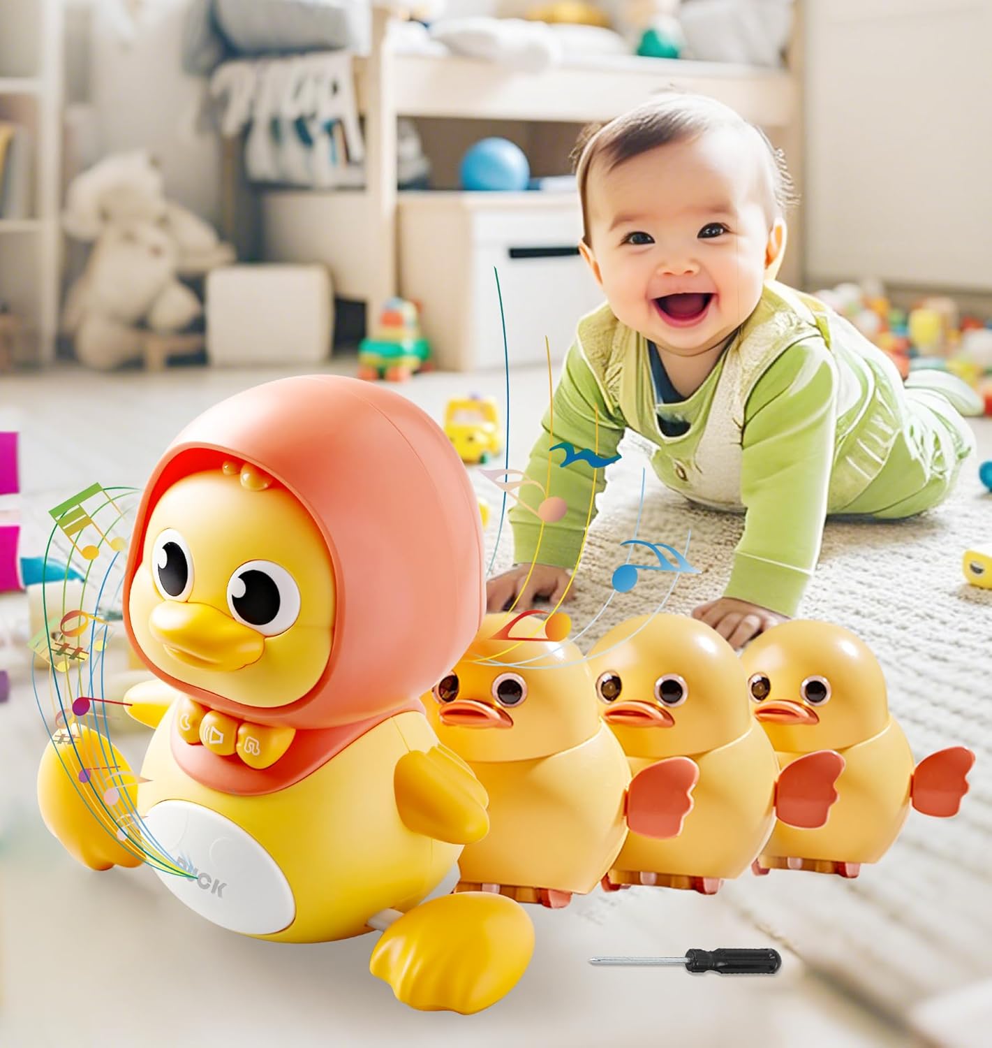 商品情報0 ~ 3歳の赤ちゃんにぴったりのベビー玩具1羽のアヒルのお母さんと3羽のアヒルの間は磁石でつながっており、ずらりと並んで体を揺らして歩くことができます。明るい色、柔らかい明かり、好きな童謡は、赤ちゃんが這うことを練習したり、手足を鍛えたりするのに役立ちます。明るい黄色は赤ちゃんの視覚を刺激し面白いコンサートは赤ちゃんの聴覚を動かし、揺れる体は赤ちゃんの触覚を動かす。面白い方法で赤ちゃんの感覚発育を促進し、アヒルは体に合わせて揺れ、赤ちゃんを這うように誘導し、這うことでコア筋肉、特に背中の筋肉を鍛えることができ、同時に這うことで脳の発育を促進し、遊びながら健康的に成長するのを助けることができる。アヒルのお母さんには6曲の柔らかい童謡と10曲の赤ちゃんが好きな子守唄が含まれています聴覚を刺激すると同時に赤ちゃんの気持ちをリラックスさせ、より早く眠ることができます。柔らかい明かりは、赤ちゃんが寝るのに欠かせない付き添いです。3歳以上の子どもが寝ているときでも、柔らかい明かりをつけることをお勧めします。安全で良質なABS材質を採用し丸い縁の柔らかいデザイン、縁のない角のない赤ちゃんも安心して触れることができ、非常に安全で、彼らを傷つけることはありません。優れた耐衝撃性を持ち、長期使用に適している。この知育玩具は、昼間の赤ちゃんの活動や寝かしつけに使える、0〜3歳の赤ちゃんに人気のプレゼントです。お子さんや孫への赤ちゃん迎えパーティー、誕生日やクリスマスプレゼントとして最適です。セット内容アヒルママ×1羽、アヒルの子ども×3羽。 ※電池は別途ご購入下さい。アヒルママ：単3電池×3、アヒルの子供1羽当たり：単4電池×2が必要です。赤ちゃん おもちゃ 0歳 アヒル親子4羽セット1歳 2歳 3歳 男の子 女の子 誕生日プレゼント 知育玩具 出産祝い 音楽 ライト付き (ママ1羽+子3羽) 赤ちゃん おもちゃ 0歳 アヒル親子4羽セット1歳 2歳 3歳 男の子 女の子 誕生日プレゼント 知育玩具 出産祝い 音楽 ライト付き (ママ1羽+子3羽) 0 ~ 3歳の赤ちゃんにぴったりのベビー玩具。1羽のアヒルのお母さんと3羽のアヒルの間は磁石でつながっており、ずらりと並んで体を揺らして歩くことができます。明るい色、柔らかい明かり、好きな童謡は、赤ちゃんが這うことを練習したり、手足を鍛えたりするのに役立ちます。明るい黄色は赤ちゃんの視覚を刺激し、面白いコンサートは赤ちゃんの聴覚を動かし、揺れる体は赤ちゃんの触覚を動かす。面白い方法で赤ちゃんの感覚発育を促進し、アヒルは体に合わせて揺れ、赤ちゃんを這うように誘導し、這うことでコア筋肉、特に背中の筋肉を鍛えることができ、同時に這うことで脳の発育を促進し、遊びながら健康的に成長するのを助けることができる。アヒルのお母さんには6曲の柔らかい童謡と10曲の赤ちゃんが好きな子守唄が含まれています。聴覚を刺激すると同時に赤ちゃんの気持ちをリラックスさせ、より早く眠ることができます。柔らかい明かりは、赤ちゃんが寝るのに欠かせない付き添いです。3歳以上の子どもが寝ているときでも、柔らかい明かりをつけることをお勧めします。安全で良質なABS材質を採用し、丸い縁の柔らかいデザイン、縁のない角のない赤ちゃんも安心して触れることができ、非常に安全で、彼らを傷つけることはありません。優れた耐衝撃性を持ち、長期使用に適している。この知育玩具は、昼間の赤ちゃんの活動や寝かしつけに使える、0〜3歳の赤ちゃんに人気のプレゼントです。お子さんや孫への赤ちゃん迎えパーティー、誕生日やクリスマスプレゼントとして最適です。セット内容:アヒルママ×1羽、アヒルの子ども×3羽。 ※電池は別途ご購入下さい。アヒルママ：単3電池×3、アヒルの子供1羽当たり：単4電池×2が必要です。 5