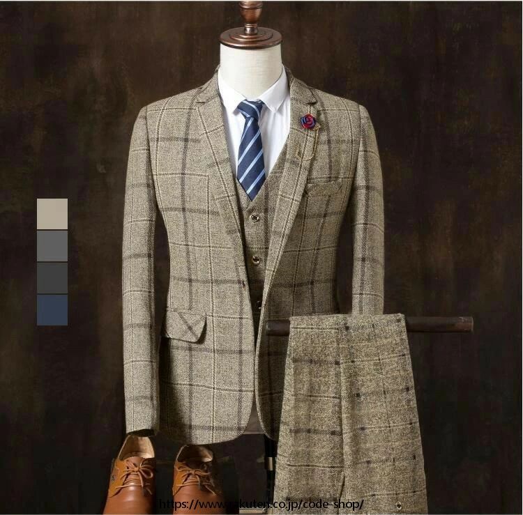 Rakuten - チェック柄 3ピーススーツ おしゃれメンズスーツ 高品質 スリーピース 結婚式 二次会 タキシード suit 細身 花婿 紳士用 フォマール ビジネススーツ セレモニースーツ 就職 通勤 入社 スリムスーツ 卒業式 忘年会 サイズ有M〜3XL ジャケット+ベスト+パンツ 3点セット