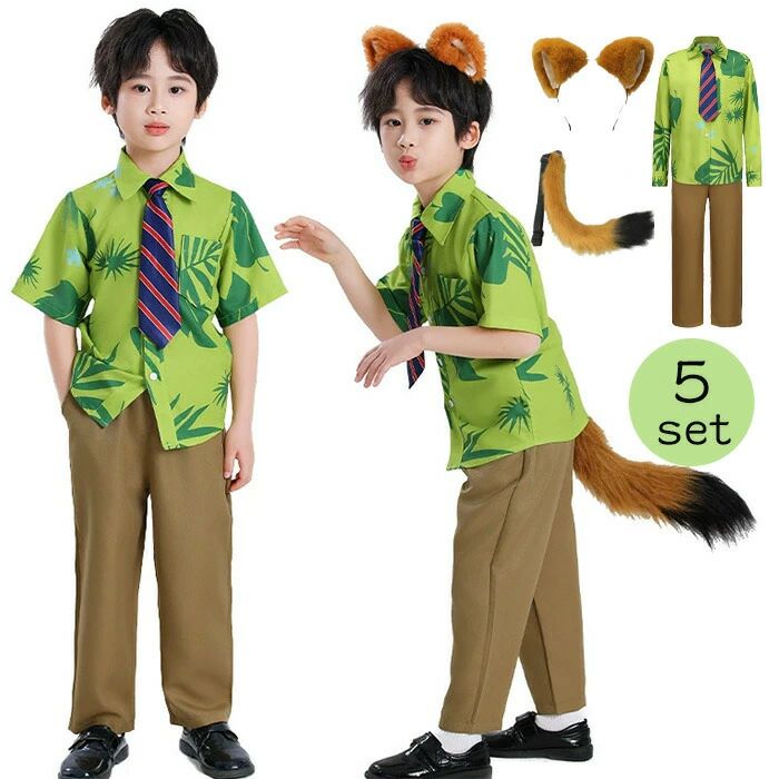 5点セット 3点セット 140 グリーン コスプレ 動物 ニック 110 可愛い 学園祭 仮装 130 ハロウィン シャツ かわいい 耳付 ネクタイ しっぽ ニック コスプレ 子供しっぽ 120 キツネ詐欺師 150 160 パンツ 衣装 キッズ