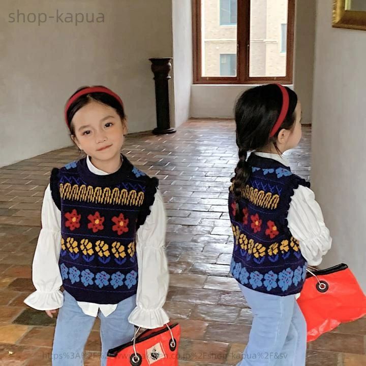 Rakuten - ニットベスト セーター 花柄 ニット 【送料無料】ガールズセーターベスト 子供用チョッキ セーターベスト ベスト レトロ