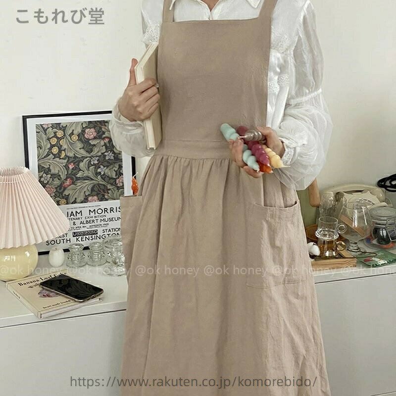 ナチュラル ポケット コットン 綿 北欧 シンプル 首 ワンピース 無地 グレー リネン おしゃれ ベージュ 【送料無料】エプロン ピンク 韓国 ロング