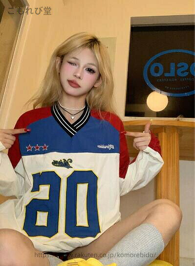 Rakuten - ロゴ 長袖 トップス ナンバー 長め ヒップホップ 【送料無料】ユニフォーム風 カットソー 衣装 HIPHOP レディース トレーナー ブルー レッド ダンス