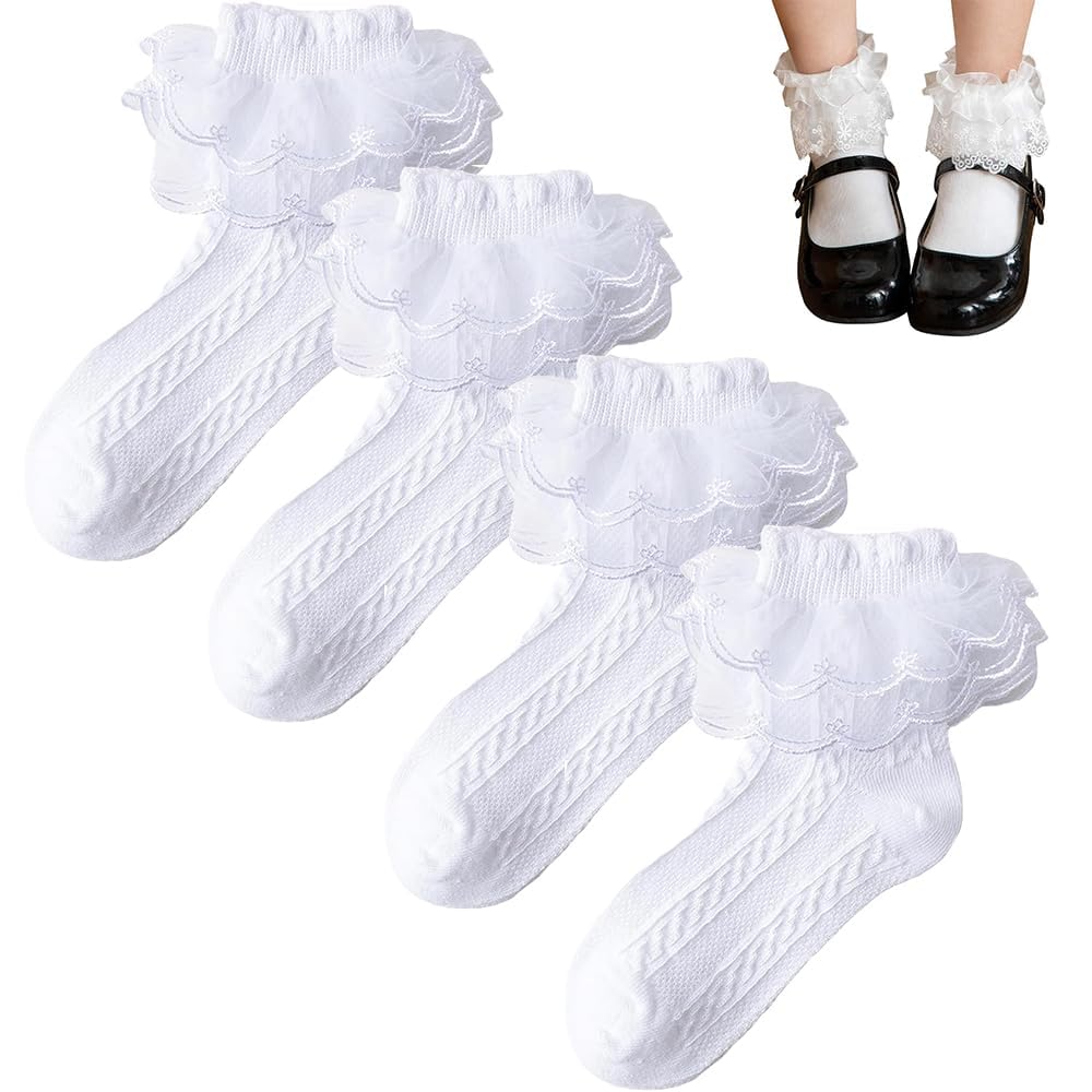 4〜7歳) 4足セット キッズ 靴下 入学式 可愛い こども フォーマルソックス (M 靴下 15-17cm 女の子 白 レース フォーマル