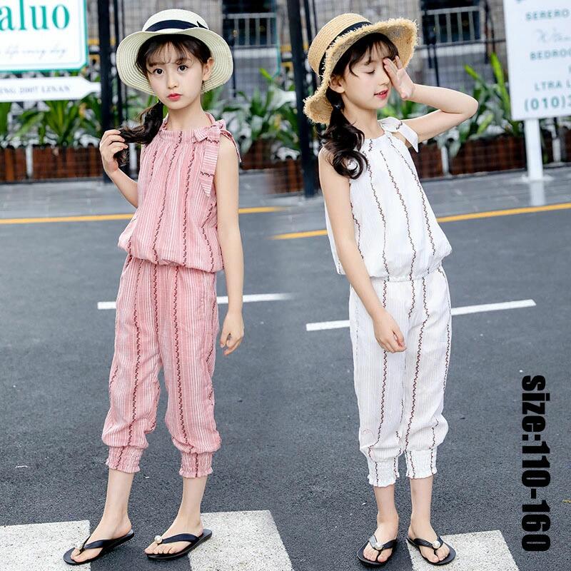 110-160cm //卒園式/入学式/パーティ ノースリーブ トップス+ズボン ビーチ キッズ 2点セット 可愛い こども ホワイト カジュアル 七分丈パンツ セットアップ 韓国子供服 夏 きれいめ ゆったり ピンク リゾート 女の子