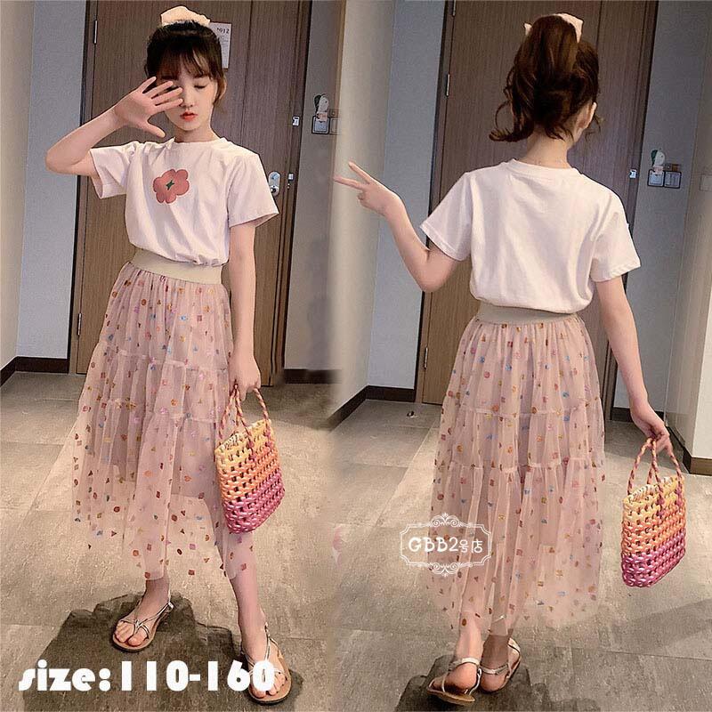 カジュアル 韓国子供服 セットアップ 160 可愛い 120 半袖 キッズ 花柄 女の子 チュールスカート ロング丈 150 こども 110 リゾート 140 上下セット 130 tシャツ きれいめ 夏 //卒園式/入学式/パーティ