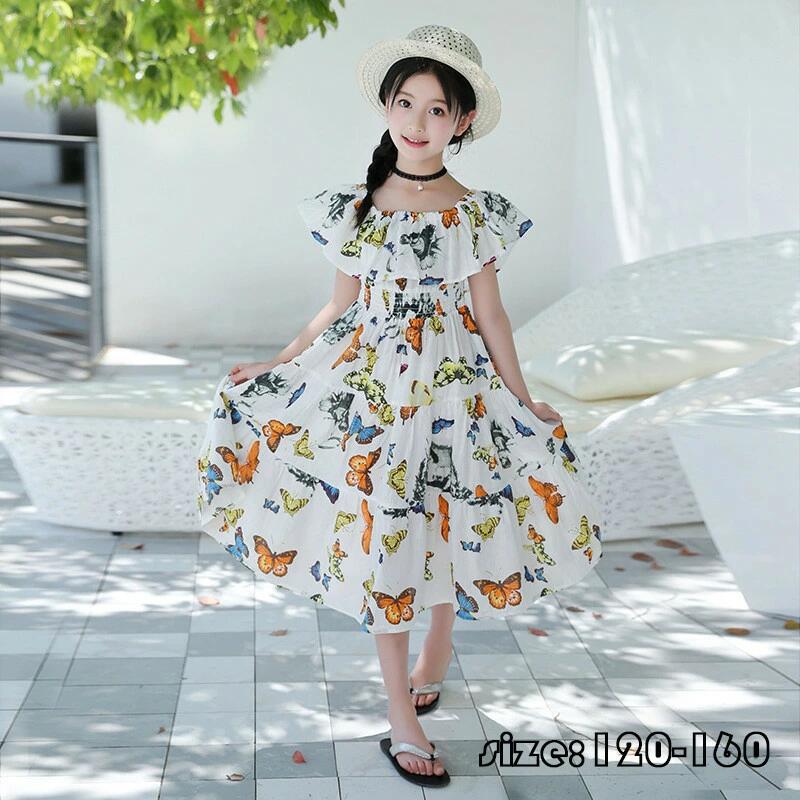 Dresses - カジュアル おしゃれ 花柄 人気 オフショルダー ビーチ 女児 リゾート サンドレス 女の子 マキシ ボヘミアン 夏 卒園式/入学式/パーティ ジュニア服 子供服 ワンピース 半袖 可愛い コットン バタフライ 子ども服 プリント ロングワンピース