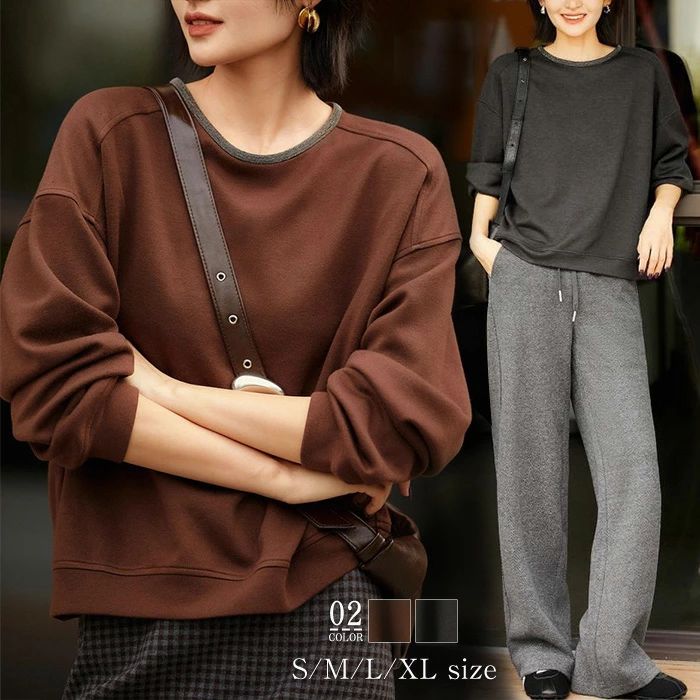 スウェット カジュアル リラックス 着痩せ レディース 長袖 秋冬 秋 大きいサイズ 秋冬物 暖かい 送料無料 トップス 無地 30代 プルオーバー ゆったり ラウンドネック 冬 シンプル きれいめ 重ね着 ブラウン 40代 体型カバー カットソー 20代 ダークグレー 可愛い 春