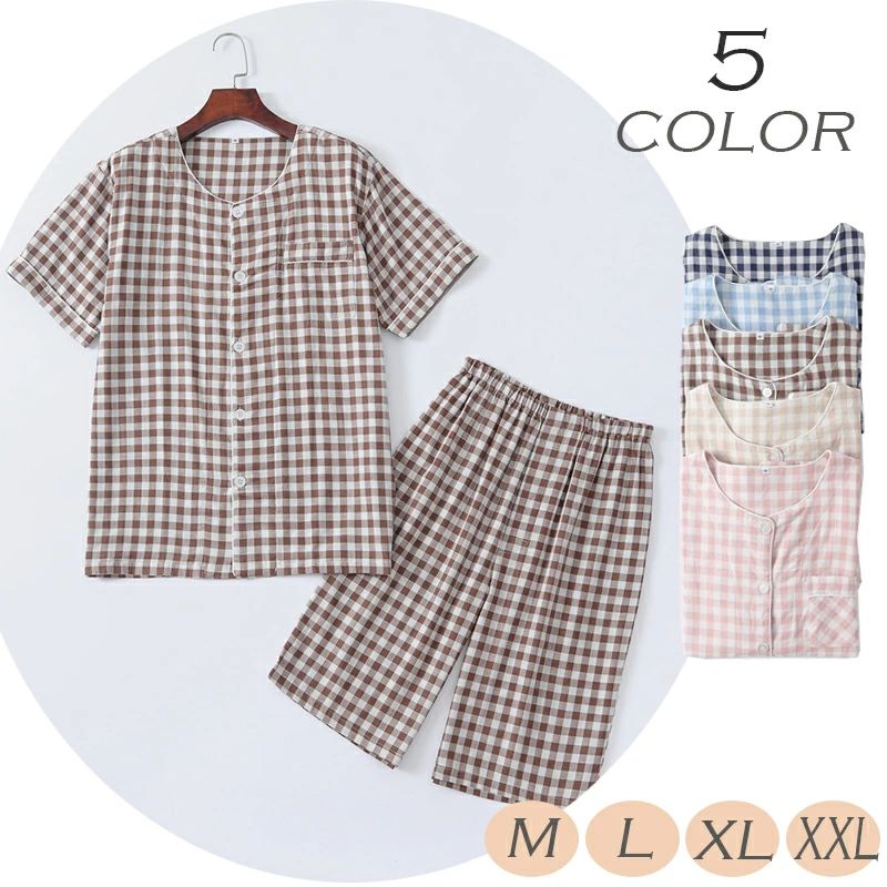 レディース 半袖 ルー ダブルガーゼパジャマ 襟なし 半ズボン 半袖 パジャマ パジャマ メンズ 肌に優しい 綿100% 前開き 短パン