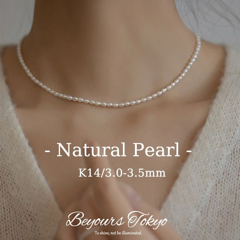 Cubic Zirconia - アクセサリー シンプル 37cm 淡水 ネックレス 14金 k14 パールネックレス 14k 40cm 上品 ライス 3-3.5mm レディース パール 小粒