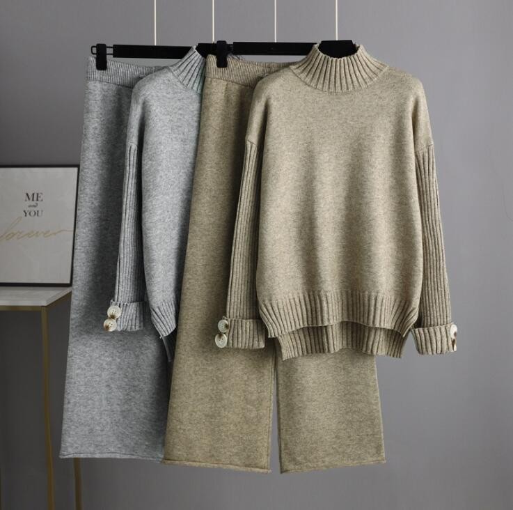 春 ママ ガウチョパンツ パンツスーツ 秋冬 ハイネック おしゃれ セーター プルオーバー ワイドパンツ 長袖 タートルネック ニットパンツ レディース スリット パンツ