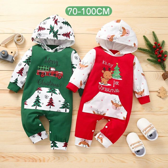 オールインワン 90cm 長袖 ギフト 可愛い カバーオール 新生児 80cm コットン ベビーウエア 男の子 ベビー フード付き お部屋着 赤ちゃん服 女の子 ロンパース ベビー服 綿 赤ちゃん トナカイ プレゼント 70cm
