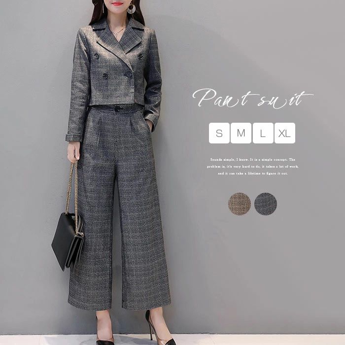 パンツドレス きれいめ 秋 パンツスーツ スーツ 春 レディース オフィス 入学式 大人 冬 入園式 ビジネス ママ チェック 卒園式 卒業式 2点セット チェック コーデ ゆったり グレー ゆったり ブラウン ワイドパンツ セレモニー