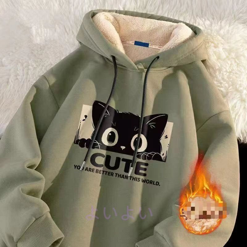 可愛い おしゃれ 長袖 ゆったり 防寒パーカー 暖かい服 フードパーカー カジュアル ネコ LUFA278(7色M-5XL) レディース 秋冬 ねこ 体型カバー 裏起毛 厚手 猫 あったかい 冬服 猫柄 フーディー トップス 暖かい服レディース 裏起毛パーカー 大きいサイズ