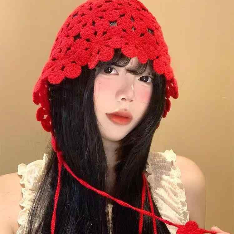 透かし編み かぎ針編み 通気性 日よけ 春夏秋用 赤 ボヘミアン ニット帽 コットン 手編み フリンジ レディース ターバン 防風 レッド UVカット 女性用 プルオーバー 綿 エスニック