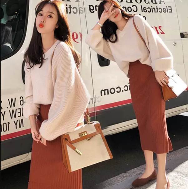長袖 ボリュ ニットスカート セット セーター スカート トップス