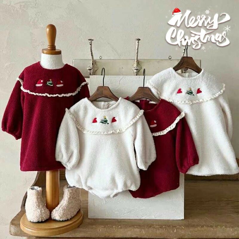 インスタ映え 兄弟姉妹揃い パーティードレス ベビーワンピース 撮影 秋冬 イベント キッズ 半袖 寒さ対策 子供服 女の子 女 トップス セレモニー 衣装 長袖 赤ちゃん 写真 クリスマス 冬 パーティー ふわふわ ドレス 誕生日 ロンパース サンタ