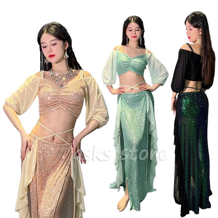 レッスン着 インナーパンツ付き ベリーダンス衣装 へそ出し トップス オフショルダー スカート 人魚姫 ダンス授業 演出服 きれいめ 舞台ステージ衣装 肩出し 発表会 ダンス練功服 キラキラ 不規則裾 上下セットアップ スリット入り スパンコール ベリーダンス スタイリッシュ