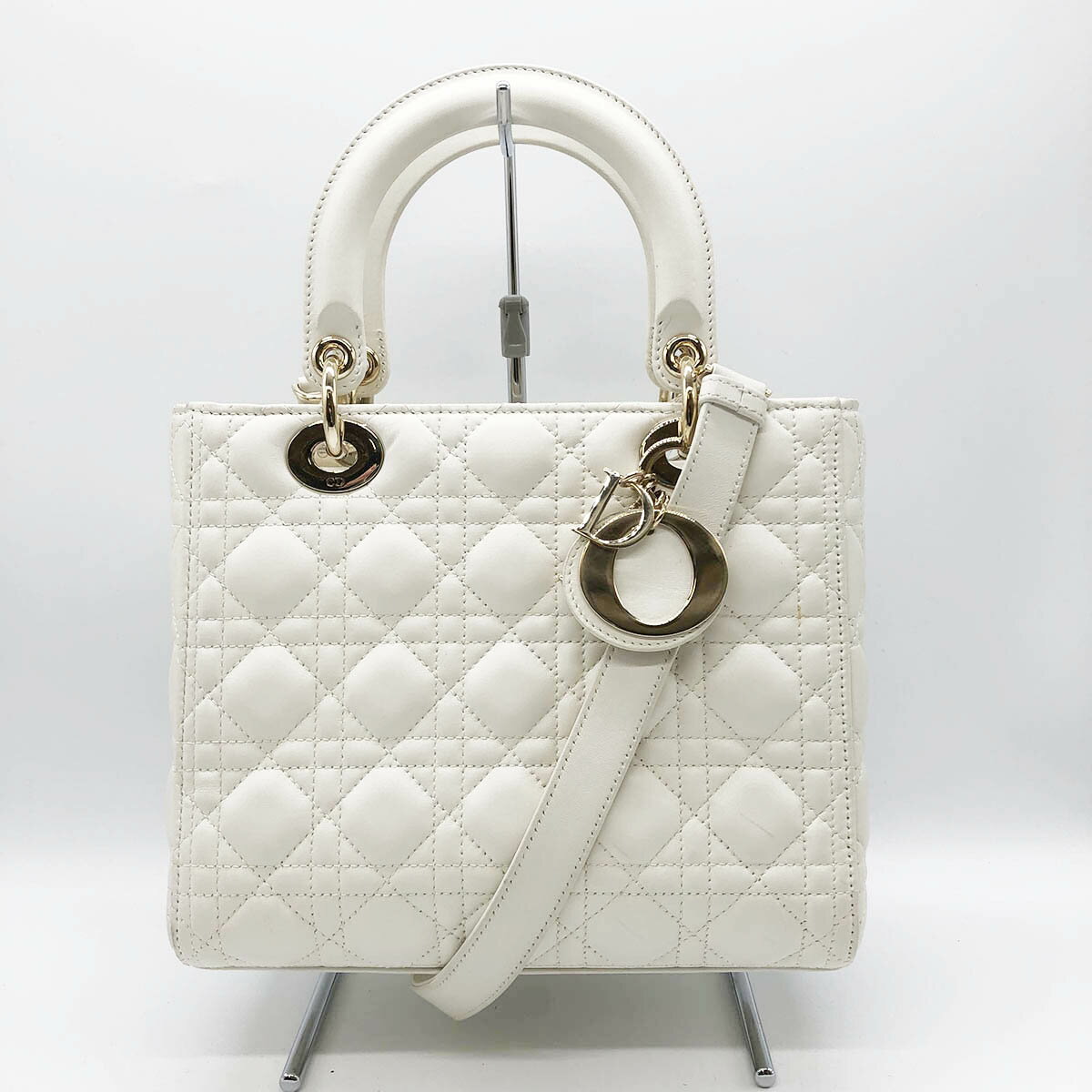 美品 Christian Dior クリスチャンディオール レディディオール ミディアム カナージュ ショルダーバッグ 2way ハンドバッグ バッグ ラムスキンレザー ホワイト USED 【中古】