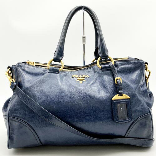 PRADA プラダ ショルダーバッグ トートバッグ 2WAY 斜め掛け バッグ ネイビー ブルー レザー レディース ファッション BN2324 USED 【中古】