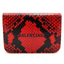 BALENCIAGA バレンシアガ 三つ折り財布 パイソン柄 財布 ミニウォレット レッド 型押し レザー レディース メンズ ファッション 小物 USED 