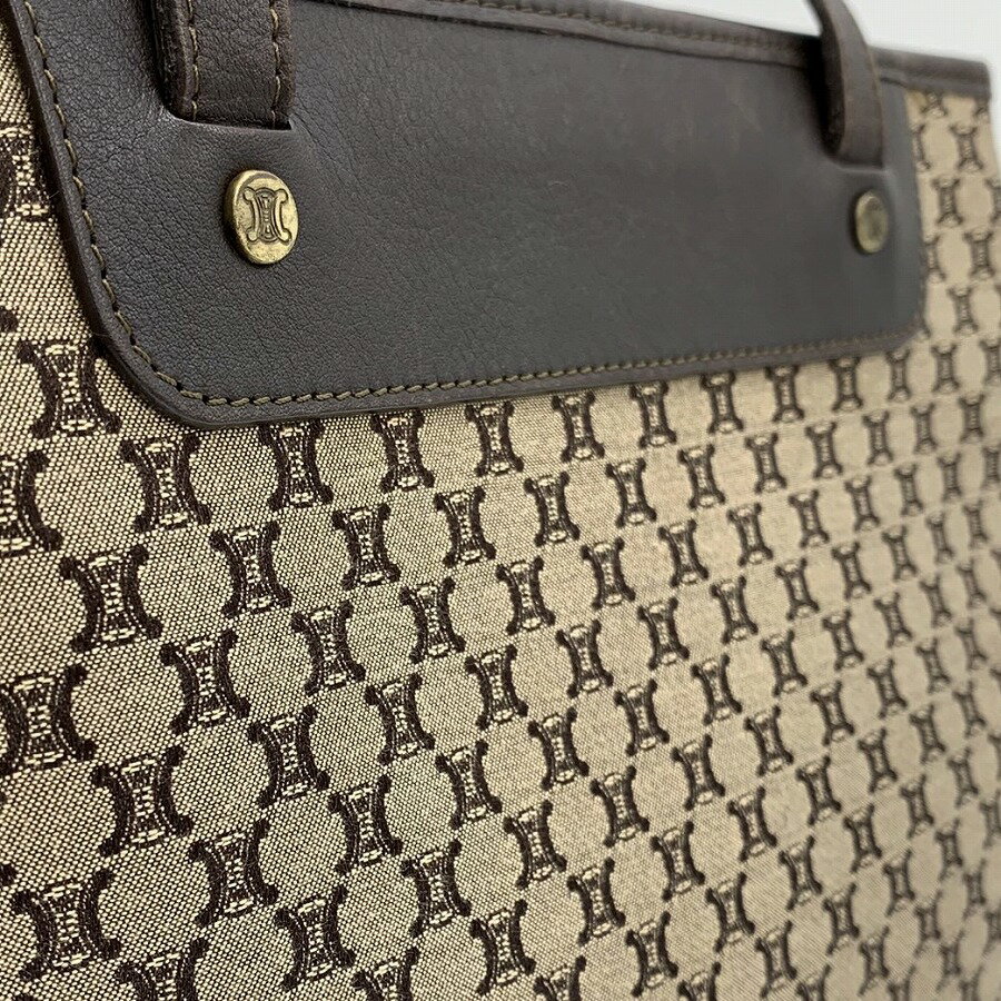 【セール】CELINE セリーヌ マカダム キャンバス地ハンドバッグ ヴィンテージ レザー ブラウン 茶 レディースファッション【中古】