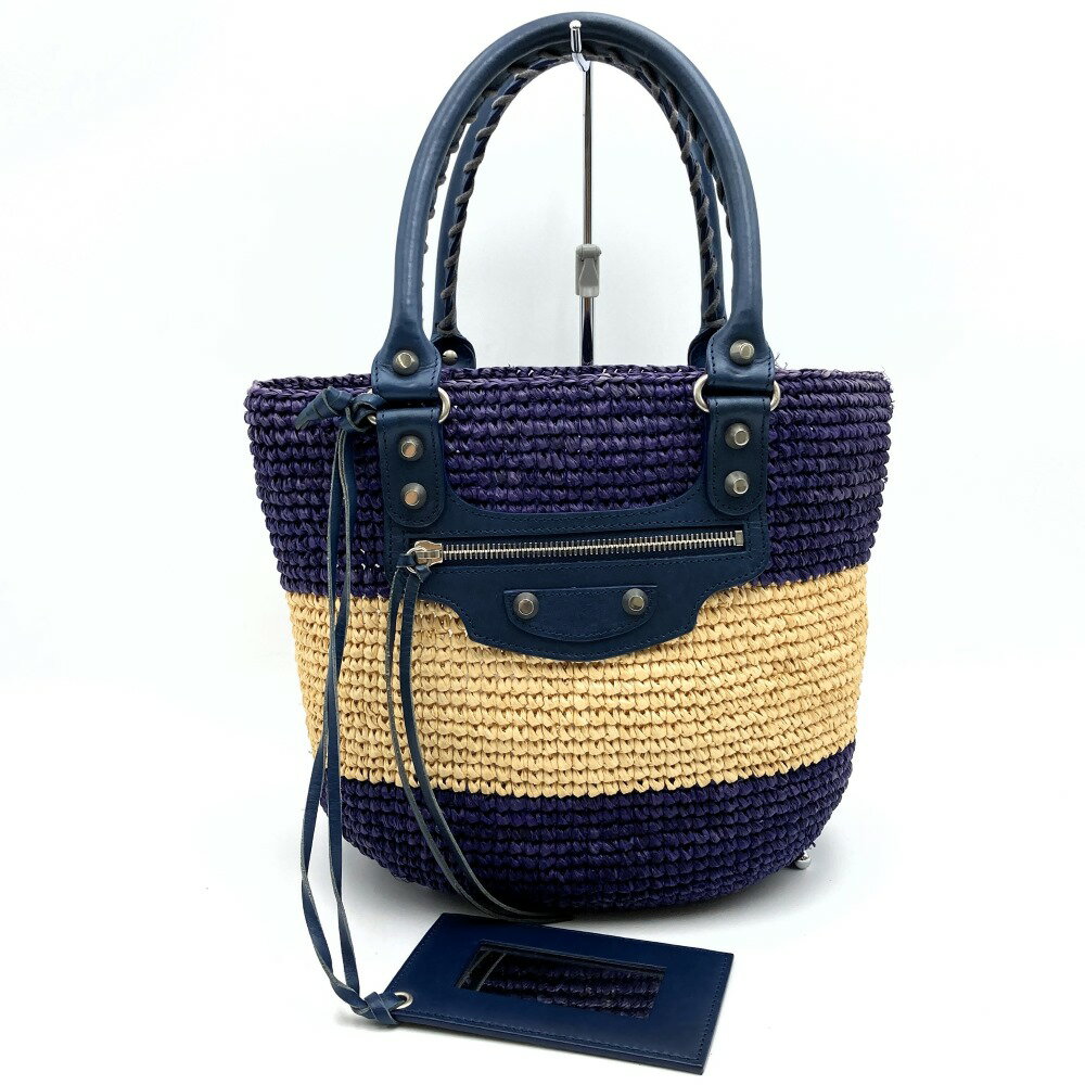 BALENCIAGA バレンシアガ かごバッグ トートバッグ マルチカラー ネイビー ベージュ パニエXS ラフィア レザー 466498 レディース USEDのサムネイル