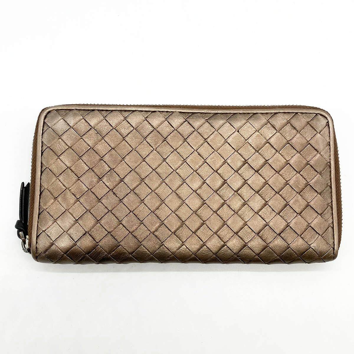 Rakuten - BOTTEGAVENETA ボッテガヴェネタ イントレチャート 長財布 ラウンドファスナー レザー ブロンズ ブラウン 茶 ゴールド レディース ファッション【中古】