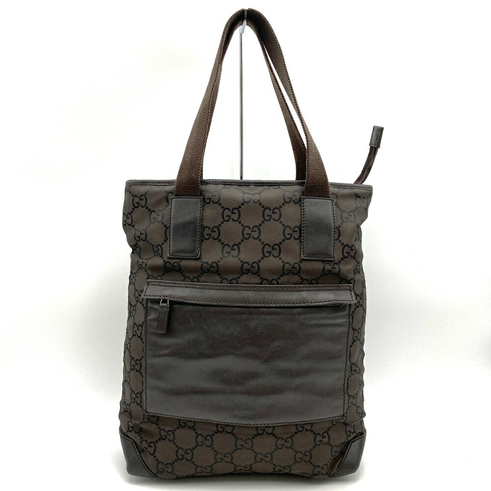 GUCCI グッチ 180450 トートバッグ GGライン ナイロン レザー ブラウン レディース メンズ 【中古】