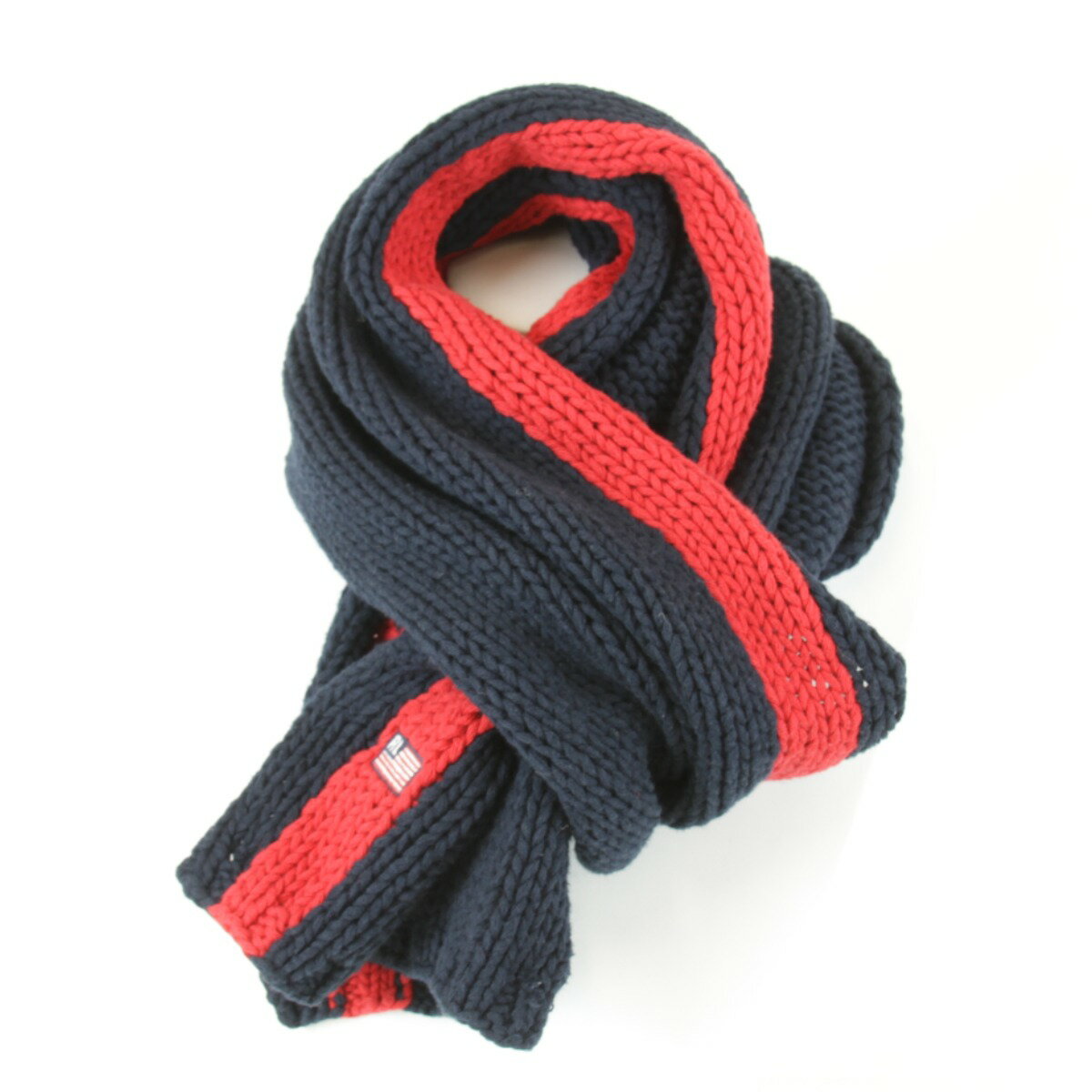 良品『USED』 POLO JEANS ポロジーンズ メリヤス編み マフラー コットン ネイビー×レッド レディース 伸縮性あり【中古】