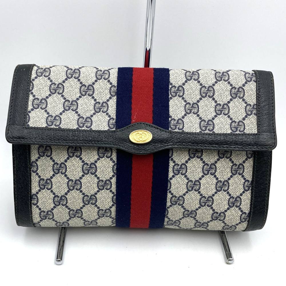 GUCCI グッチ 001 019 クラッチバッグ セカンドバッグ ネイビー シェリーライン GGスプリームキャンバス レザー ヴィンテージ USED 【中古】
