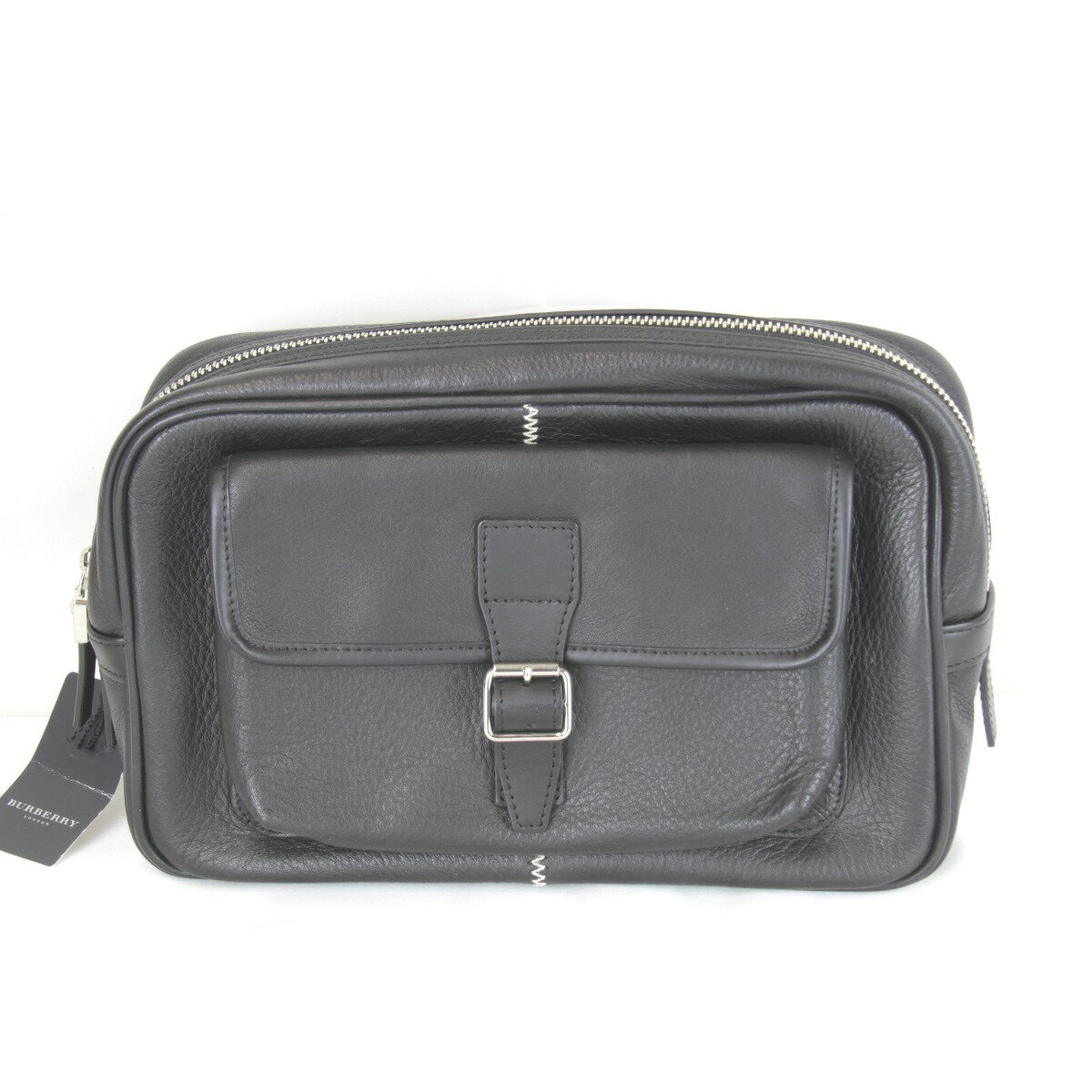 美品『USED』 BURBERRY バーバリー ステッチ　クラッチバッグ セカンドバッグ レザー/コットン ブラッ..