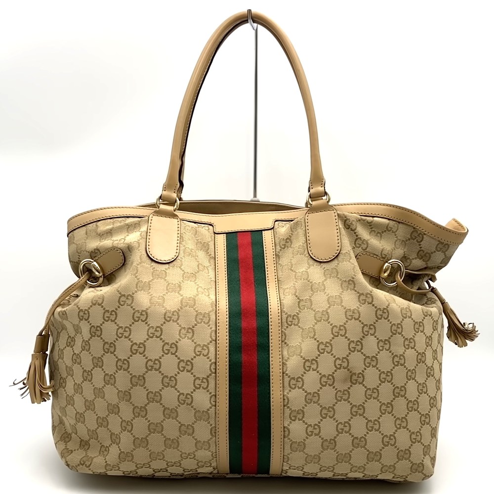 GUCCI - GUCCI グッチ 232969 GGキャンバス シェリー トートバッグ タッセル レザー ベージュ レディース【中古】