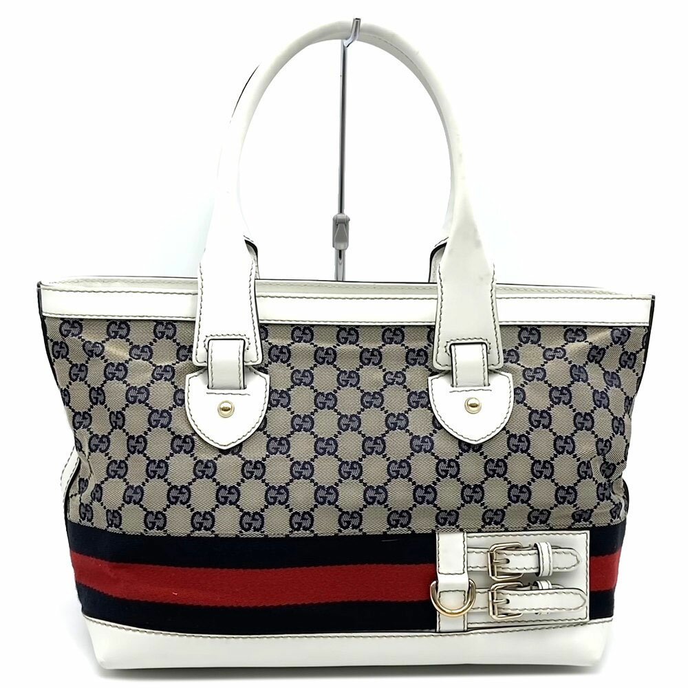 乐天商城 - GUCCI グッチ 257085 シェリー トートバッグ GGキャンバス レザー ネイビー ホワイト レディース【中古】